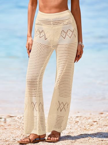 Womens Crochet Swimsuit Coverup Pants - Striped A-apricot Large