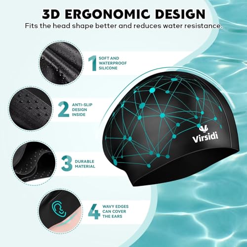 Silicone Swim Cap for Women Men Adults Black & Rose - Waterproof Hair Protection with Earplugs & Nose Clip