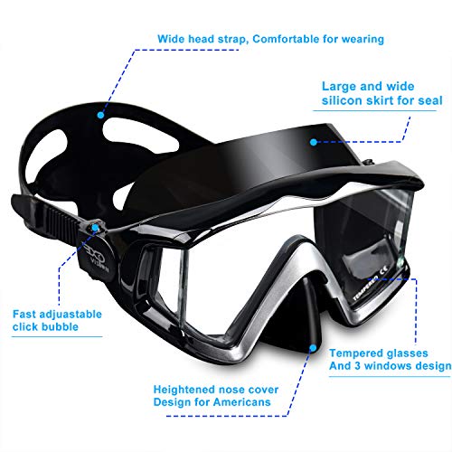 Adult Pano 3 Tempered Glass Scuba Diving Mask - Black