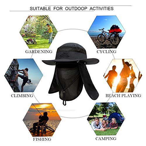 YR.Lover Outdoor UV Sun Protection Wide Brim Fishing Cap with Removable Flap, One Size, Black