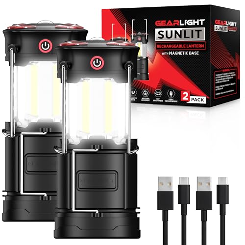 GearLight Rechargeable Camping Lantern - Black, 2 Pack, Magnetic & Foldable Hook