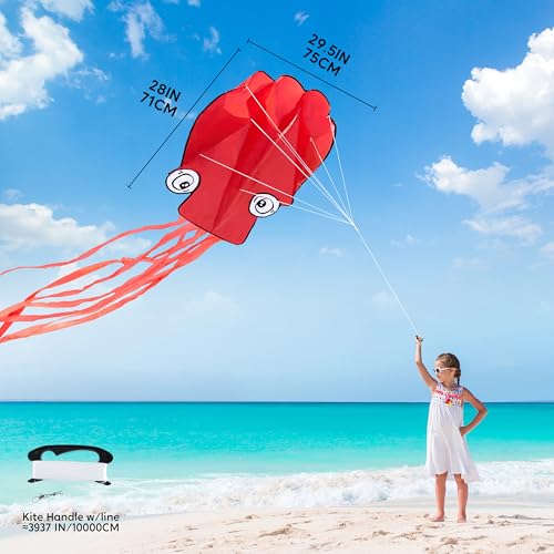 Large Red Octopus Kite - Easy-Fly Design for Kids & Adults with 328ft Line