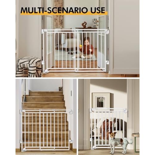 Baby Gate for Stairs Doorways & Kitchen, 26.4"-43" W x 29" H, No Bottom Bar Dog Gate, One-Handed Auto-Close, Hardware Mount Safety Gate for Dogs & Toddlers, White