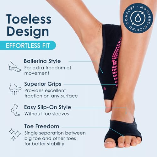 Tucketts Patented Ballerina Toeless Grip Socks - Non-Slip Barre & Pilates, Small-Large, Black/Pink