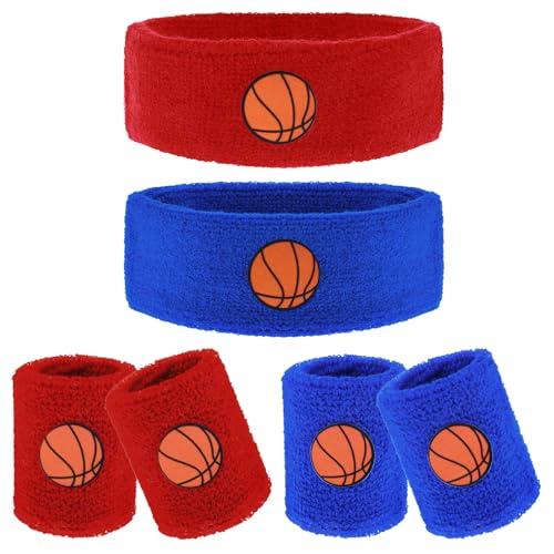 Sports Sweatbands Set for Kids - 2 Headbands & 4 Wristbands - Red & Blue