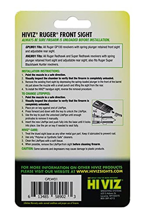HIVIZ GPLW01 Ruger GP100 Interchangeable LITEWAVE Front Handgun Sight Green, Red, White, One Size