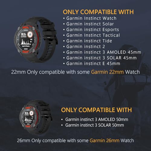 EIHAIHIS Silicone Replacement Band for Garmin Instinct 3 Solar 45mm - Black, 22mm