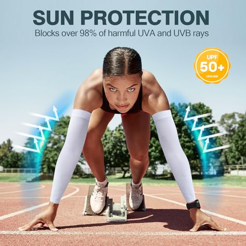 Cooling Arm Sleeves - UV Protection Compression Sun Sleeves, 2 Pairs White
