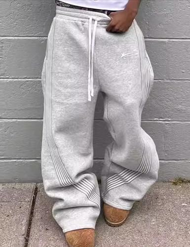 FCOOLYEET Men's Y2K Grey Baggy Sweatpants with Drawstring Waist, Open Bottom, Medium