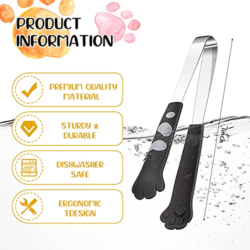 Cat Paw Tongs 7 Inch Stainless Steel Kitchen Utensils - Black, 2 Pieces