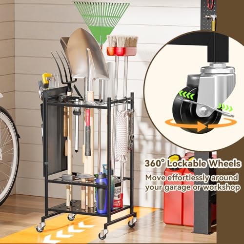 SUFAUY Garden Tool Organizer, Rolling Heavy-Duty Garage Tool Stand, Yard Storage Rack with Casters and Hooks, Black