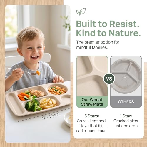 WUWEOT 8 Pack Divided Food Plates – 13.5" Wheat Straw Tray with 5 Compartments, Unbreakable & Dishwasher Safe