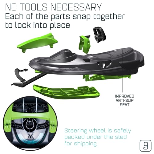 Snow Sled for Kids & Adults - Mystic Green Toboggan with Steering Wheel & Brake