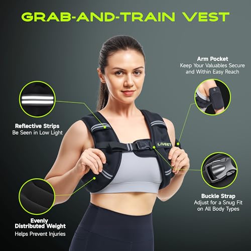 Liveet 20lb Black Weighted Vest for Men Women with Reflective Strips & Adjustable Fit