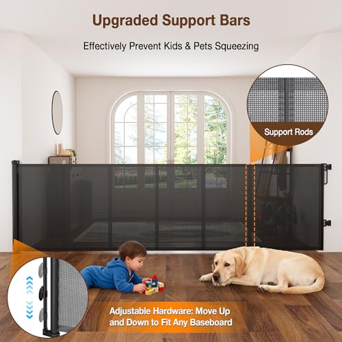 Upgraded 59'' Wide Retractable Baby Gates for Stairs with Reinforced Strip, Mesh Saftey Gate for Pets, Prevent Crawling Dog Gate fot Doorways, No Drilling, Indoor & Outdoor Use, 34'' Tall
