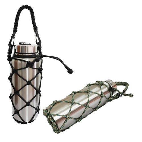 CigyYogy Paracord Water Bottle Holder for Hiking & Survival Adjustable Paracord Sleeve with Emergency Rope Fits 40 oz Bottles, Durable Outdoor Gear for Camping, Backpacking - Pack of 2 (Black,Camo)