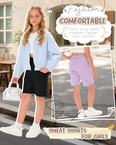 Halfchet Girls Bermuda Sweat Shorts 4-Pack, 11-12y - Taro Purple, Gray, Haze Blue, Black