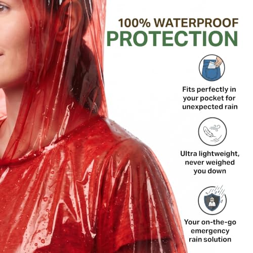 Disposable Rain Poncho for Adults with Hood - Red