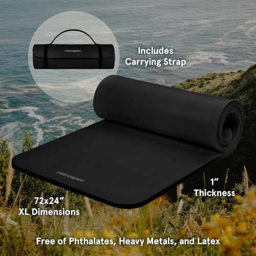 Extra Thick Non-Slip Yoga Mat with Strap - Black, 1 Inch