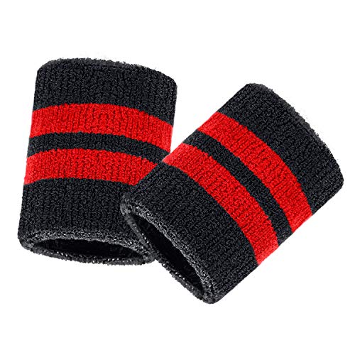 Wrist Sweatbands – 6 Pack Absorbent Athletic Bands - Black with Red Stripe