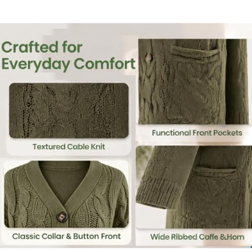 Chunky Cable Knit Cardigan Sweater with Pockets - Large Pink