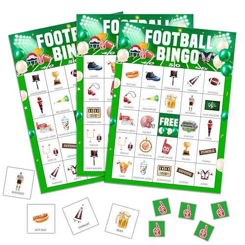Football Bingo Game Set - 24 Player Party Cards for Kids & Adults - Football