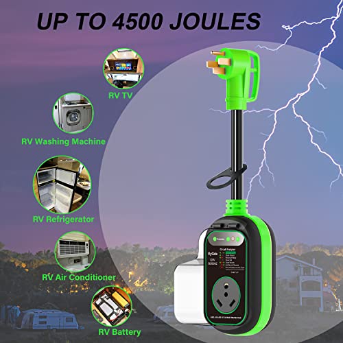 EyGde 50A to 30A RV Adapter with Surge Protector – Patented 4500J, IP67 Waterproof Cover, Circuit Analyzer, Green (50M/30F)
