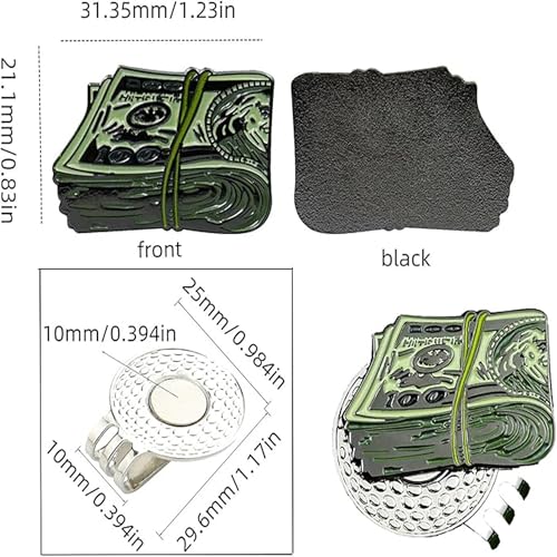 Golf Ball Marker with Dollar Cash Stack Design - Magnetic Hat Clip - Black