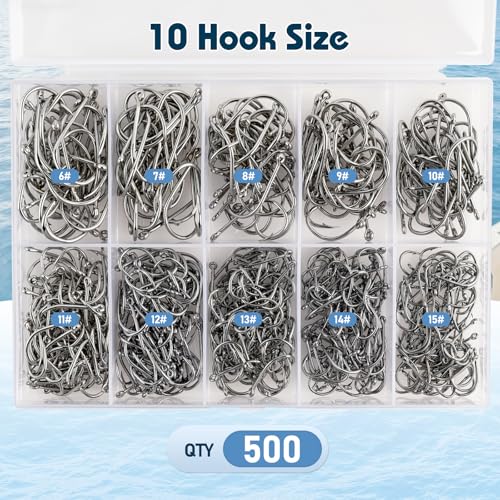500-Piece Barbed Fishing Hook Assortment - 10 Sizes in Storage Box