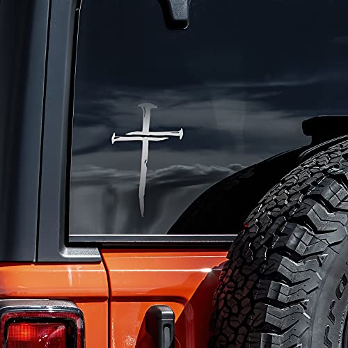 Cross with Nails Vinyl Sticker Decal - 4" x 6" Silver
