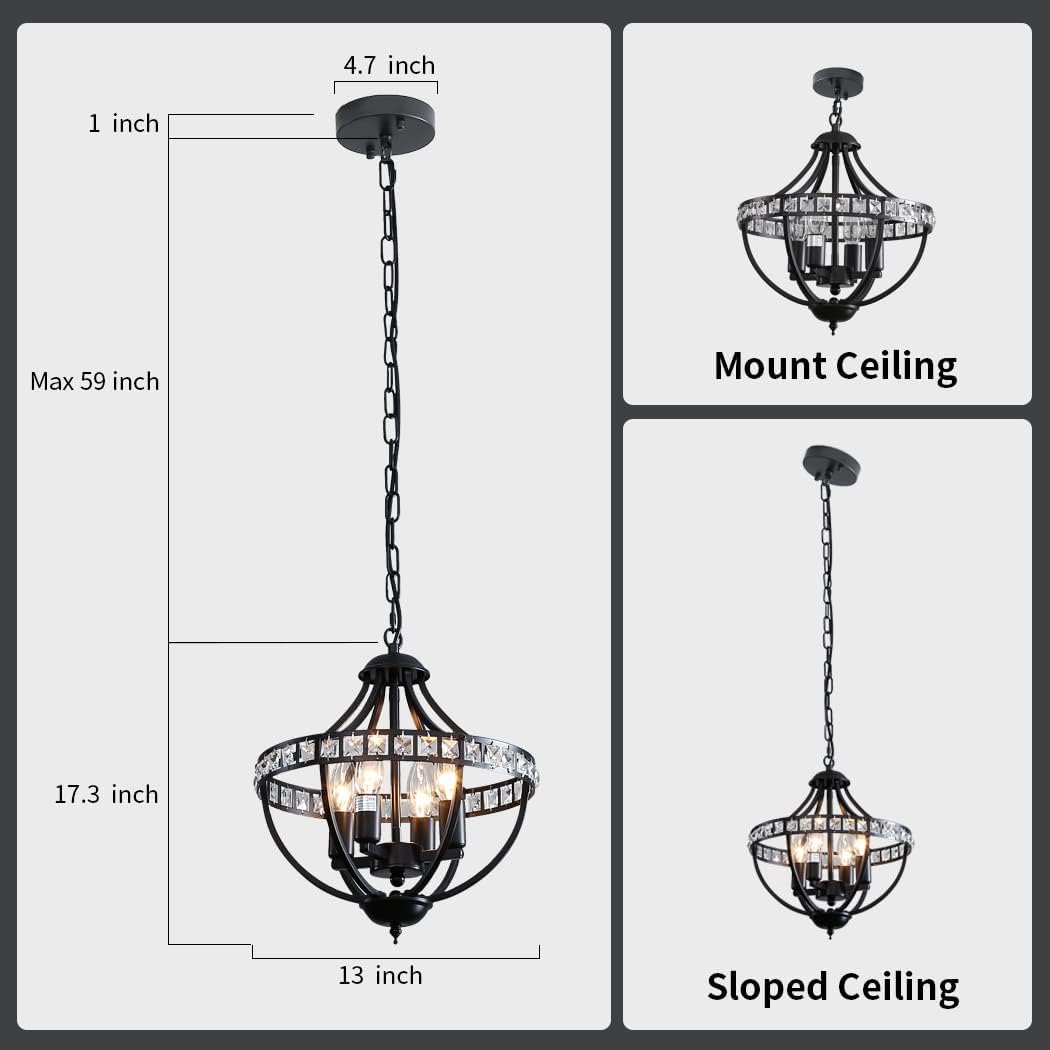 Threebro Crystal Chandeliers，Farmhouse Ceiling Chandelier Rustic Vintage Black Pendant Hanging Lighting for Dining Room Living Room Entryway Kitchen Island Bedroom Foyer Lighting（4-Light）