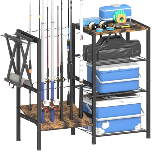 Tigerden Black Fishing Rod Holder for Garage - 4 Tier Multi-Use Storage Rack for Up to 10 Rods