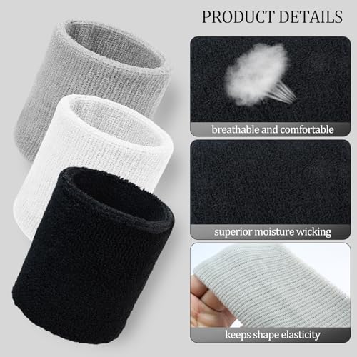 6-Pack Athletic Sweatbands - Black, White & Gray