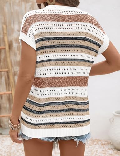 Womens Crochet Cap Sleeve Sweater - Khaki Stripe, Small