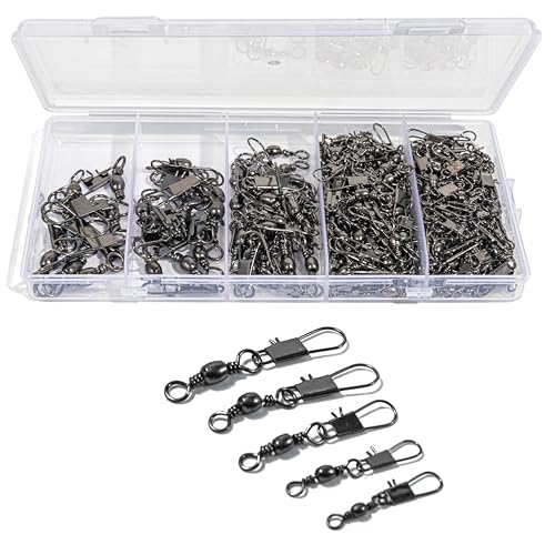 100Pcs Fishing Barrel Swivels with Snaps - 5 Sizes Carbon Steel Tackle Set
