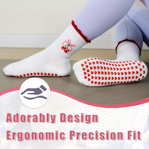 Non-Slip Pilates Socks with Ruffle - Women's Yoga Grip Socks - Red