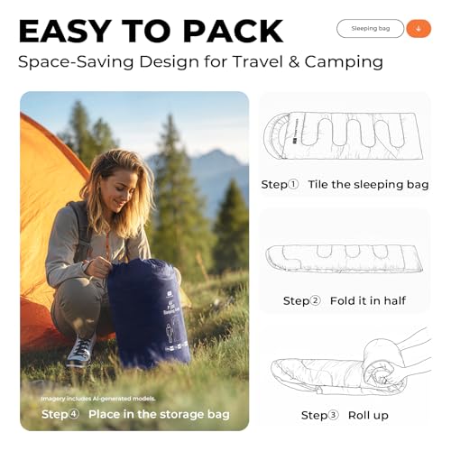 TANSTRIDER Navy Blue 3-Season Lightweight Sleeping Bag for Adults & Youth