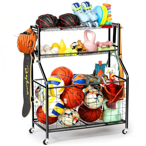 Garage Sports Equipment Organizer with Steel Rack & Wheels