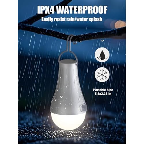 Rechargeable Camping Light Bulbs - Hanging LED Tent Lights with Auto On/Off Mode, 3 Brightness Levels, USB Rechargeable for Home Emergency, Camping, Hiking, Hurricane (4-Pack)