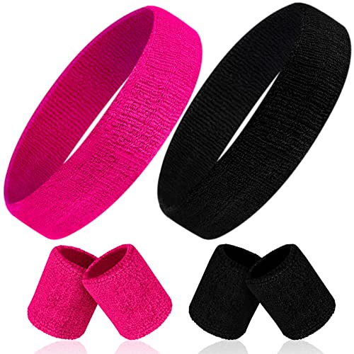 6 Pcs Sweatband Set - Sports Headbands & Wristbands - Rose Pink + Black