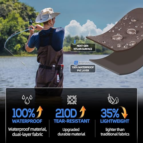 PROBITE 210D Nylon Waterproof Chest Waders with Boots, M8/W10, Brown