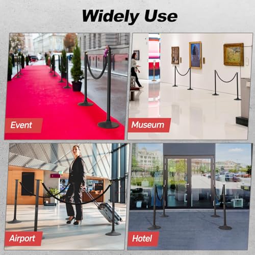 BATTIFE Plastic Stanchion Posts with Black Velvet Ropes and Weighted Rubber-Plastic Base, Crowd Control and Queue Management Barrier Poles for Party, Event, Red Carpet (2 Pack)