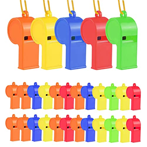 24 Pack Plastic Whistles with Lanyard - Loud Sports Safety Whistles