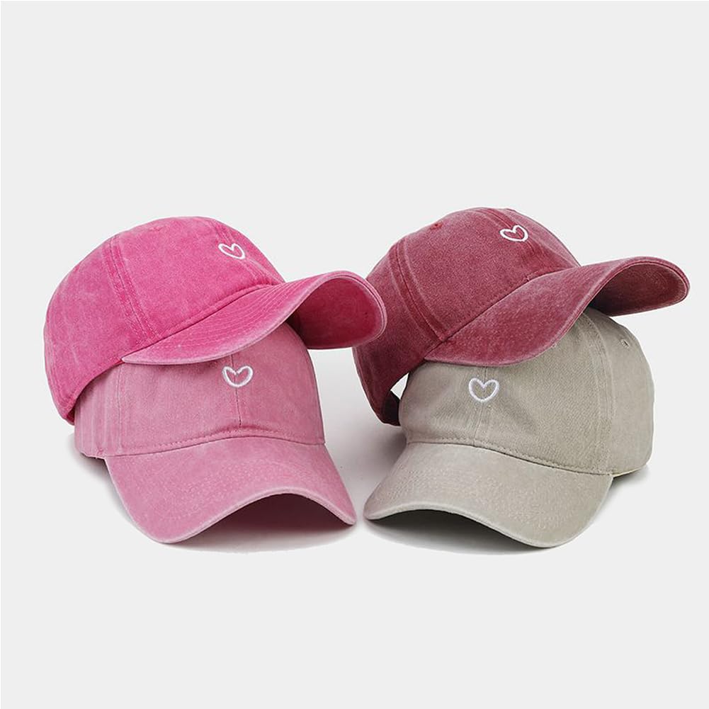 Agturber Cute Heart Hats for Women Vintage Washed Cotton Embroidered Baseball Cap Adjustable Low Profile Dad Hat Pink
