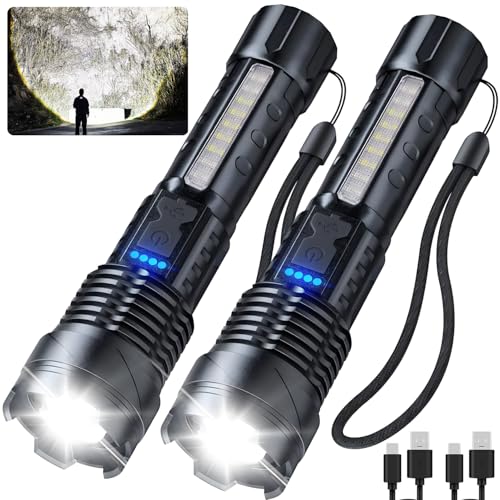 Rechargeable LED Flashlight 2 Pack,90000 High Lumens Tactical Flashlights with 7 Modes,Waterproof Zoomable Handheld Flash Light with COB Work Light for Emergencies,Camping,Home