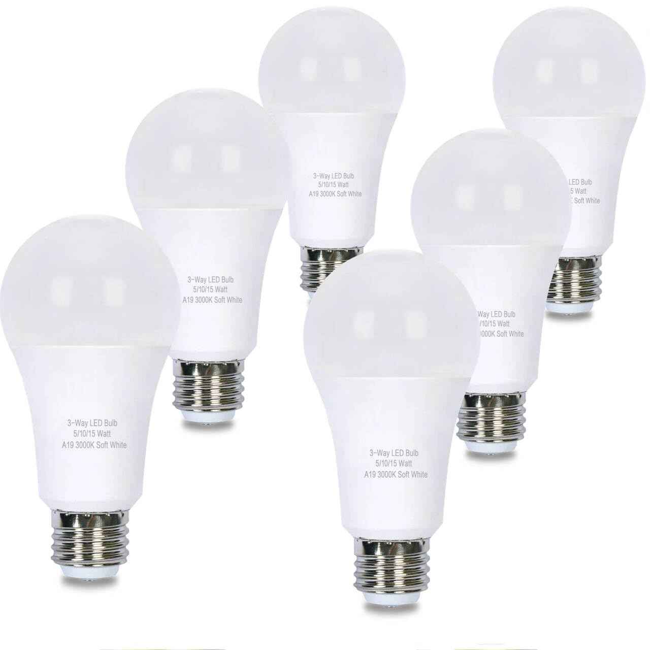 GODUORA 6 Pack 3-Way LED Light Bulb 50W/100W/150W Equivalent, 3000K Soft White, 3-Level Dimmable (Low/Medium/High), E26 Base, A19 15W Energy Saving Bulbs, Flicker-Free, for Table Lamps Floor Lamps