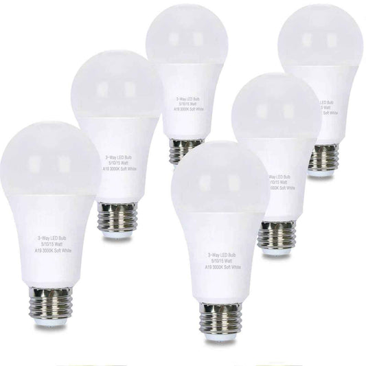 GODUORA 6 Pack 3-Way LED Light Bulb 50W/100W/150W Equivalent, 3000K Soft White, 3-Level Dimmable (Low/Medium/High), E26 Base, A19 15W Energy Saving Bulbs, Flicker-Free, for Table Lamps Floor Lamps