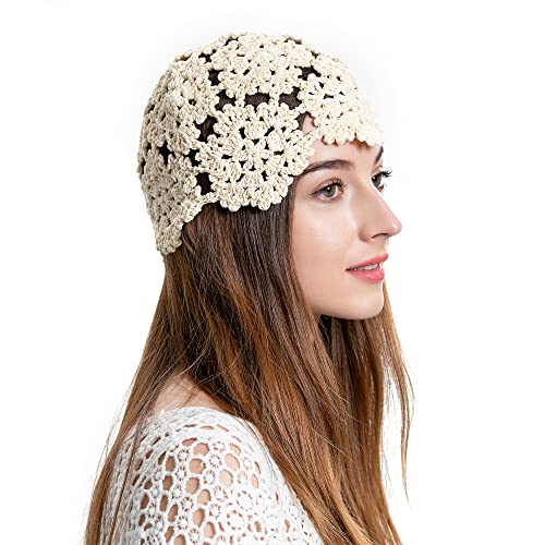 ZLYC Women's Cotton Crochet Skull Cap Beanie Hat One Size Beige Handmade Floral Knit