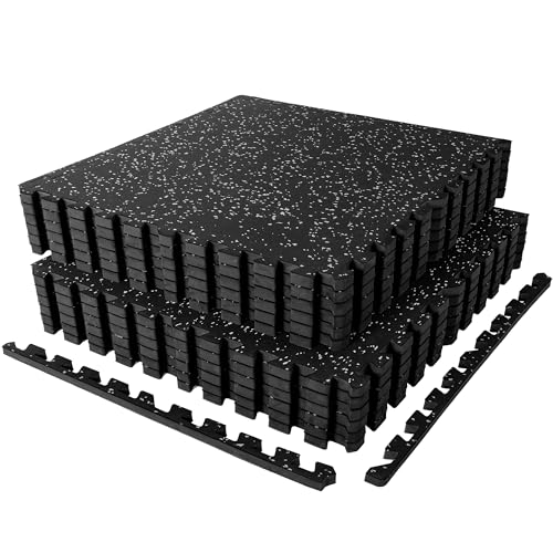 1" Extra-Thick Rubber Gym Mat - 12 Interlocking Tiles, Black/Grey