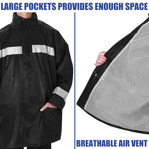 2 Pcs Reflective Rain Jacket for Men Waterproof High Visibility Rain Coat Black Safety Jacket with Reflective Strip